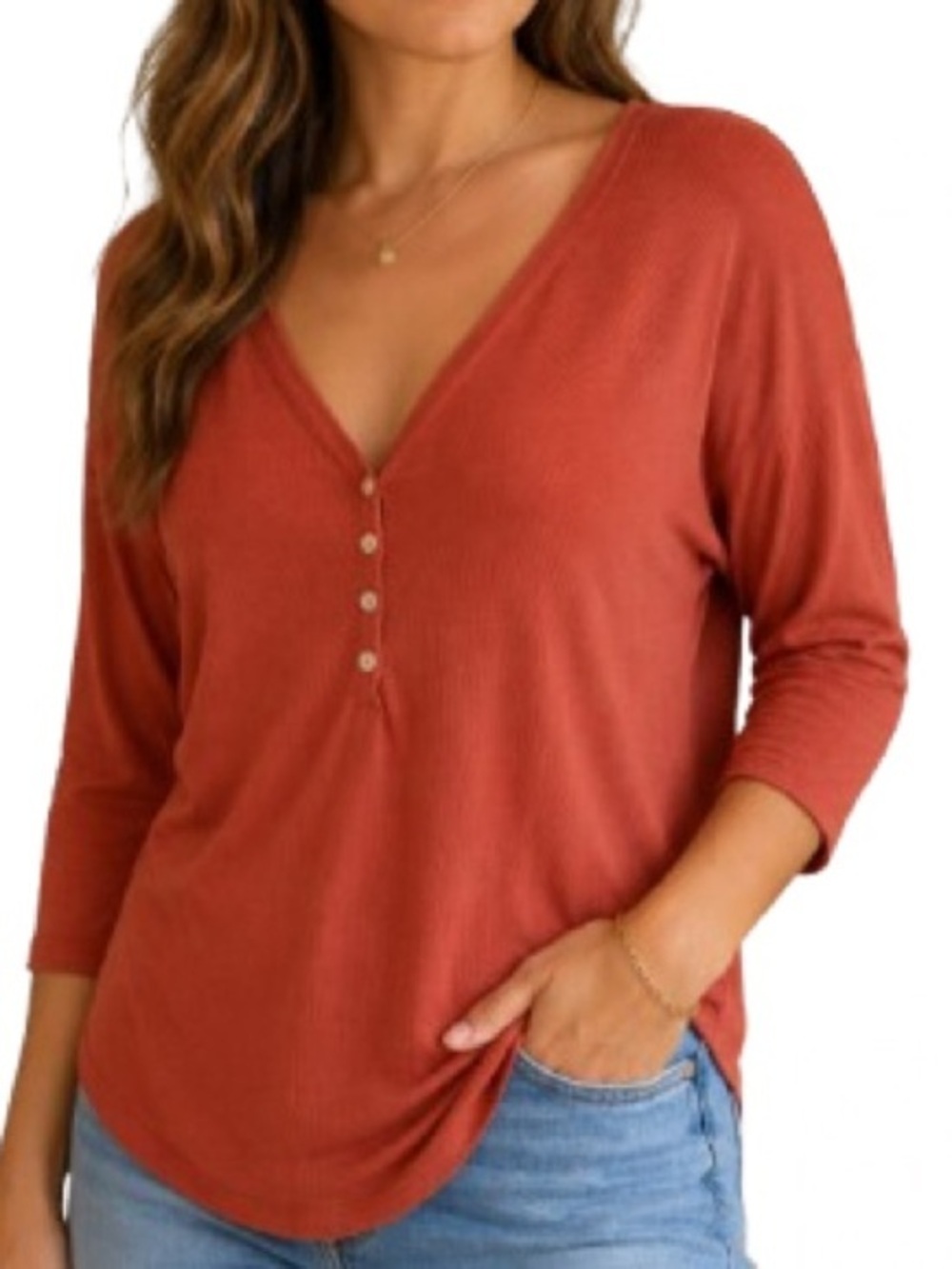 Old Navy Pumpkin Orange Henley Top XL Slim Fit Elbow Sleeve Rib Knit